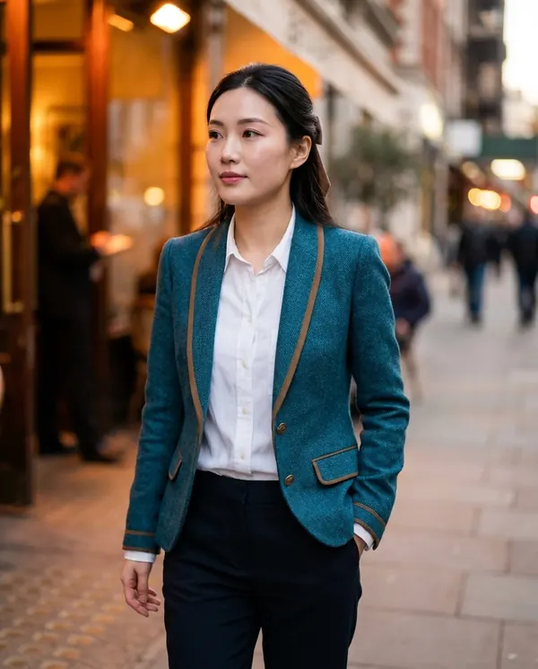 Satin Eve styling: Herringbone Blazer with Contrast Trim