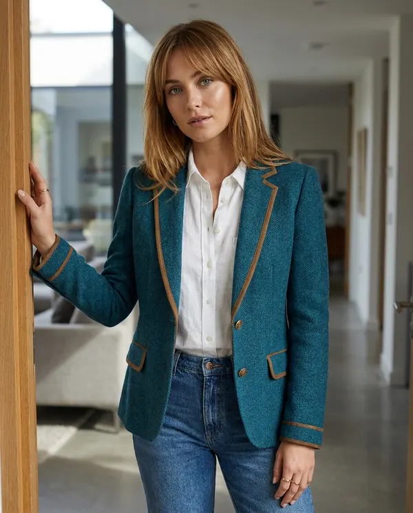 Satin Eve styling: Herringbone Blazer with Contrast Trim
