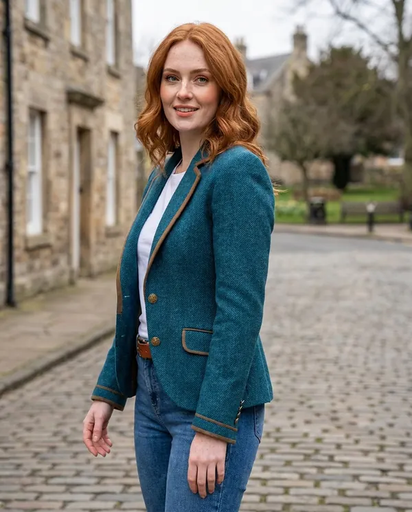 Satin Eve styling: Herringbone Blazer with Contrast Trim