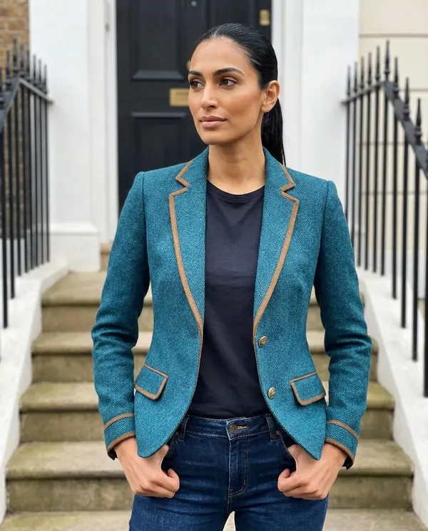 Satin Eve styling: Herringbone Blazer with Contrast Trim