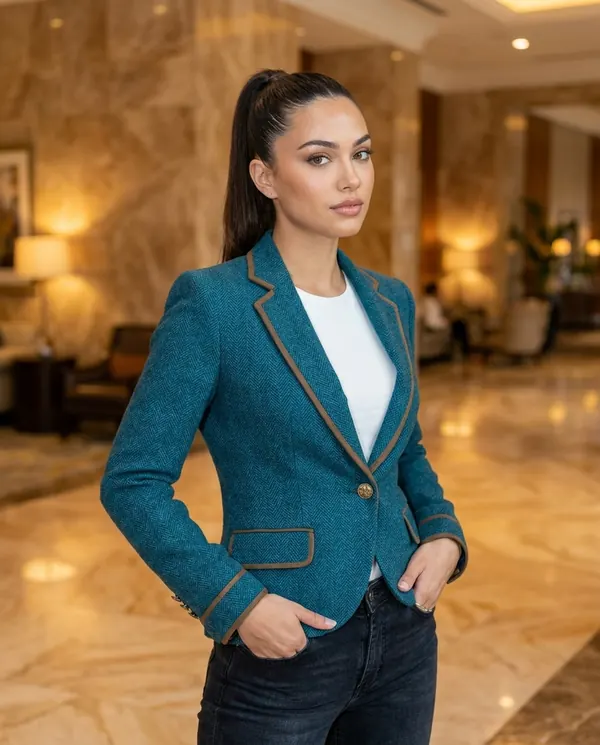 Satin Eve styling: Herringbone Blazer with Contrast Trim