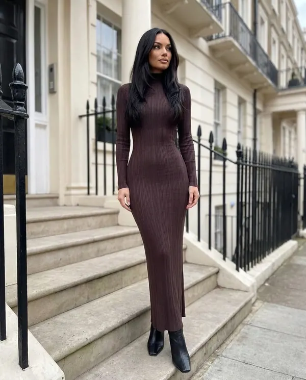 Satin Eve styling: High-Neck Rib Knit Bodycon Maxi Dress