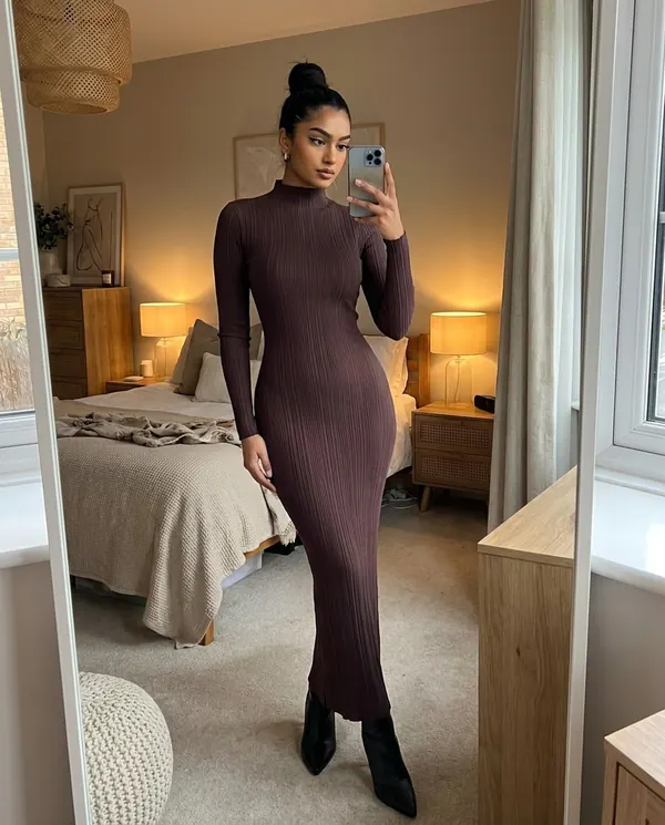 Satin Eve styling: High-Neck Rib Knit Bodycon Maxi Dress
