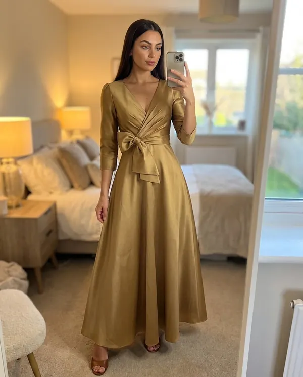 Satin Eve styling: Satin Bow-Waist A-Line Maxi Dress