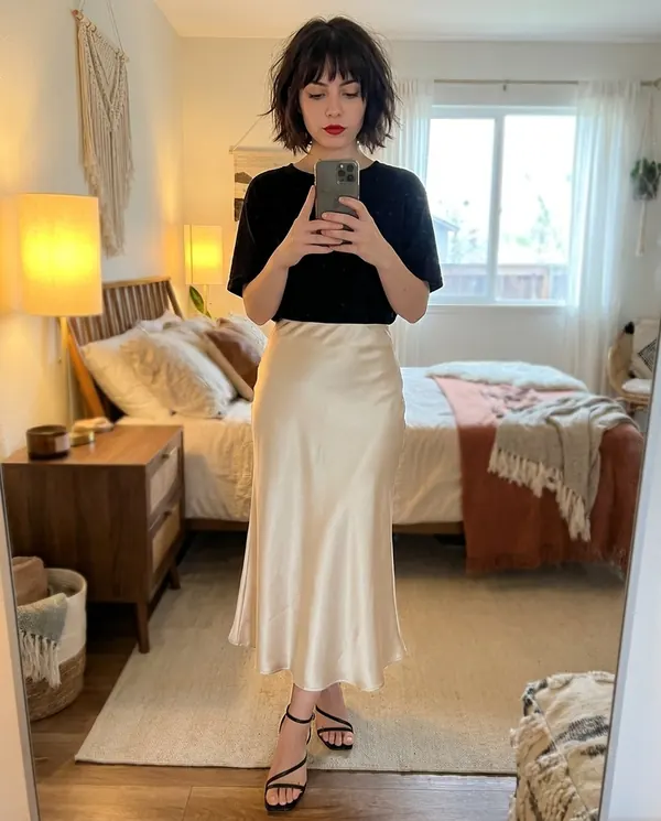 Satin Eve styling: Satin Bias-Cut Midi Skirt