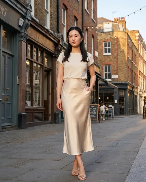 Satin Eve styling: Satin Bias-Cut Midi Skirt