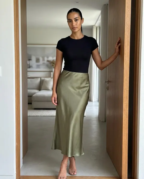 Satin Eve styling: Satin Bias-Cut Midi Skirt