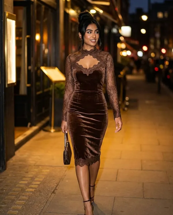 Satin Eve styling: Velvet Lace-Sleeve Bodycon Midi Dress