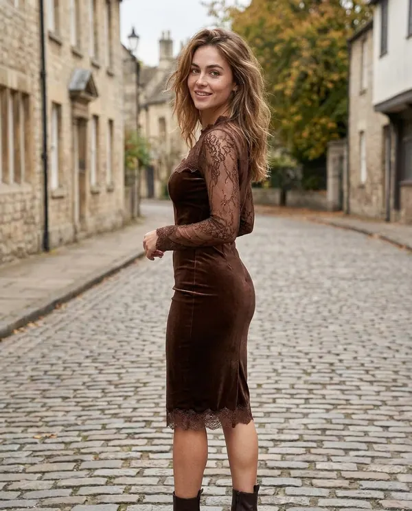 Satin Eve styling: Velvet Lace-Sleeve Bodycon Midi Dress