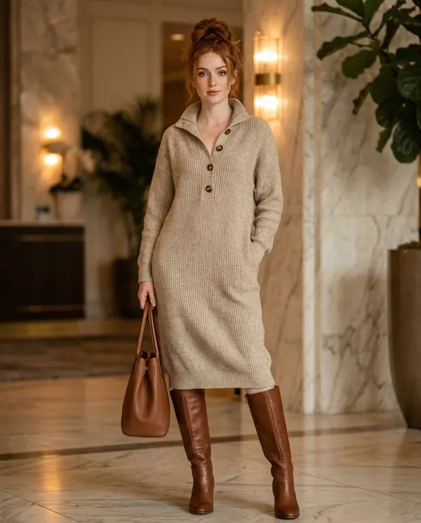 Satin Eve styling: Button-Collar Knit Sweater Midi Dress