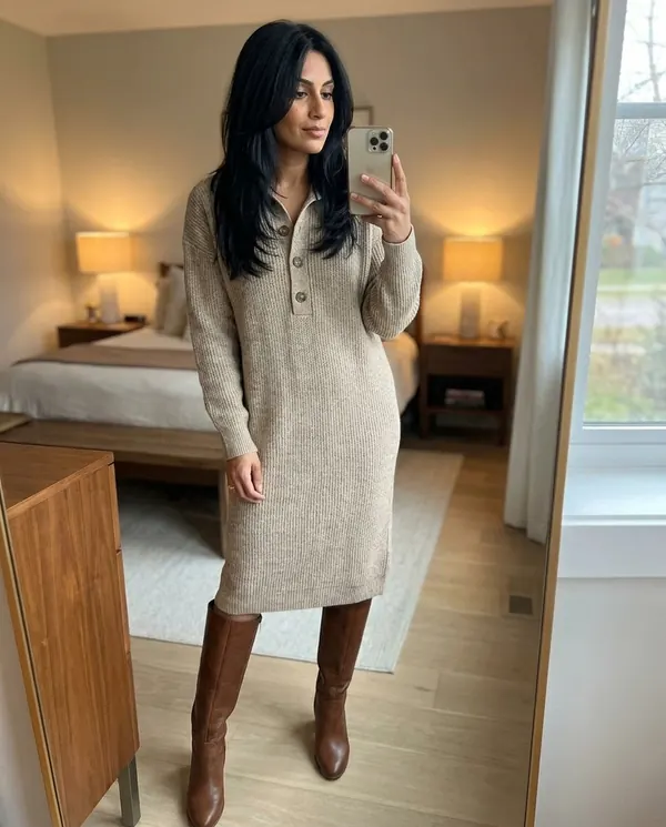 Satin Eve styling: Button-Collar Knit Sweater Midi Dress