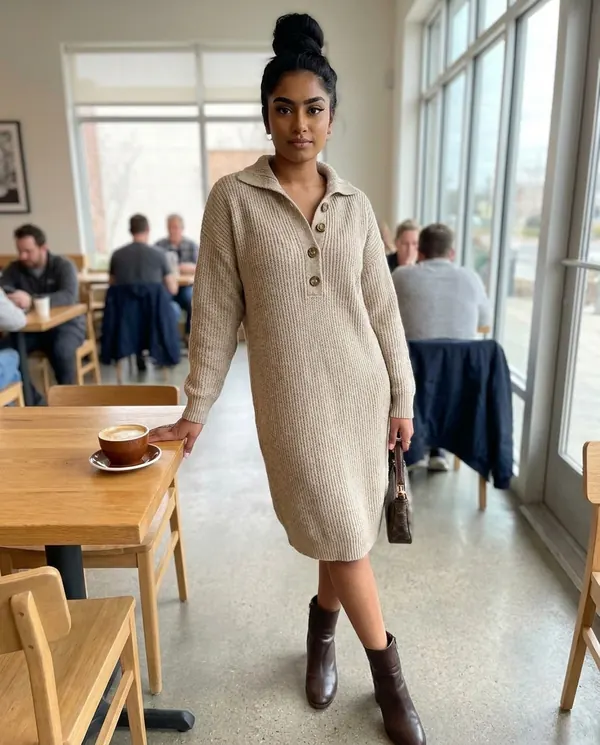 Satin Eve styling: Button-Collar Knit Sweater Midi Dress