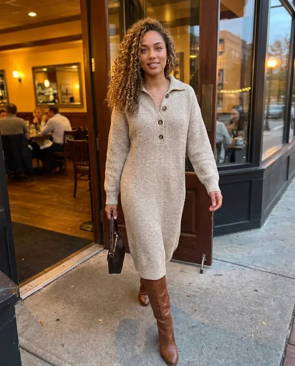 Satin Eve styling: Button-Collar Knit Sweater Midi Dress