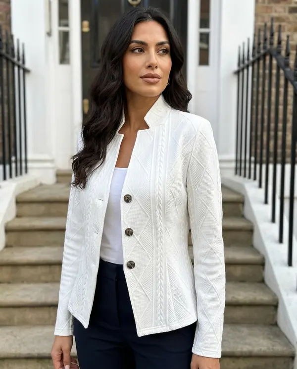 Satin Eve styling: Cable-Texture Stand-Collar Jacket