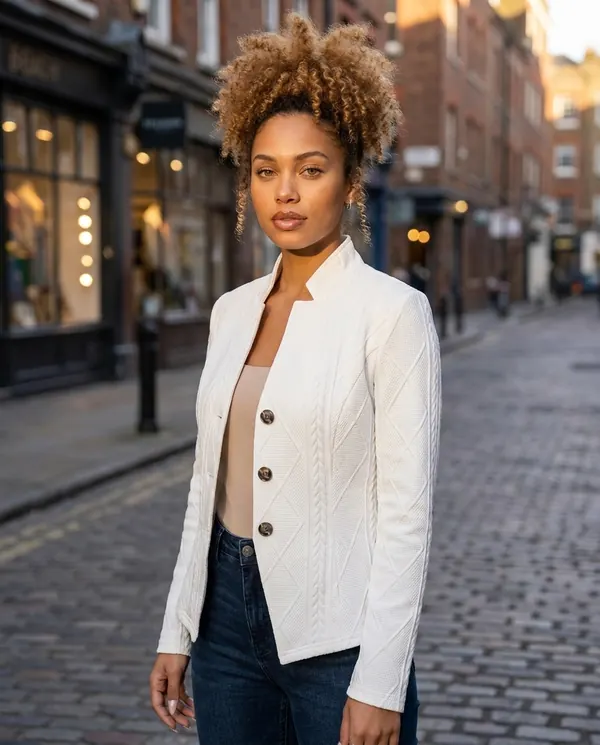 Satin Eve styling: Cable-Texture Stand-Collar Jacket