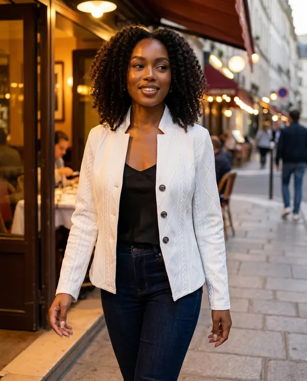 Satin Eve styling: Cable-Texture Stand-Collar Jacket