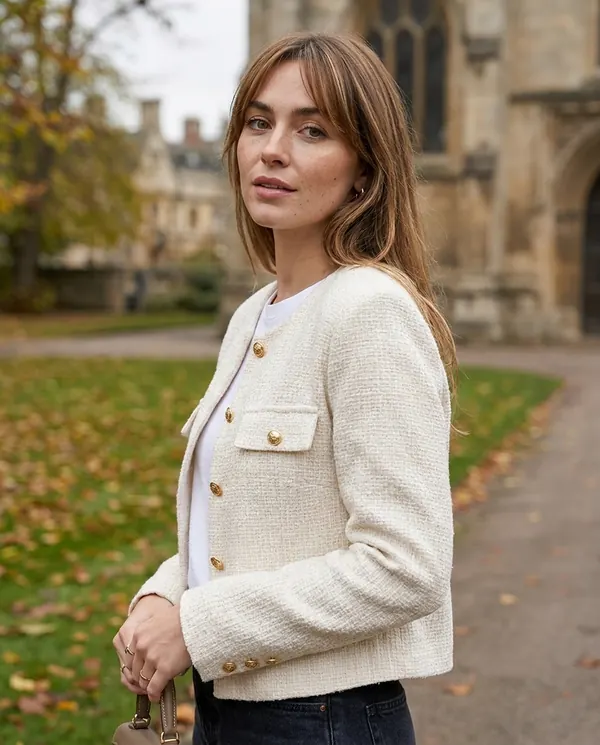 Satin Eve styling: Cropped Tweed Jacket with Gold Buttons