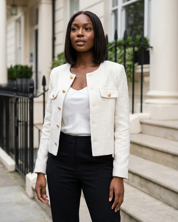 Satin Eve styling: Cropped Tweed Jacket with Gold Buttons