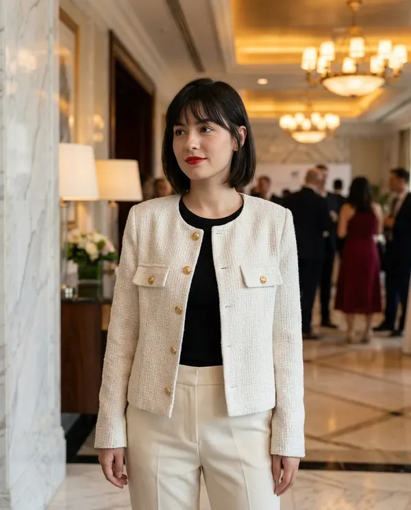 Satin Eve styling: Cropped Tweed Jacket with Gold Buttons