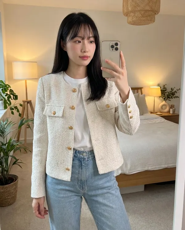 Satin Eve styling: Cropped Tweed Jacket with Gold Buttons