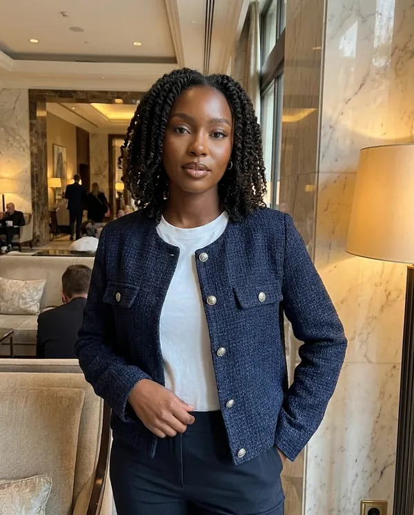 Satin Eve styling: Navy Tweed Crew-Neck Jacket
