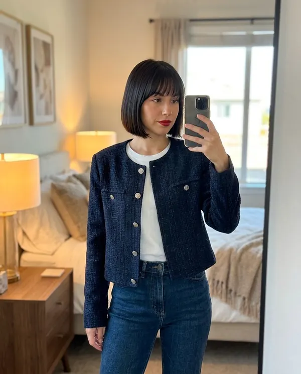 Satin Eve styling: Navy Tweed Crew-Neck Jacket
