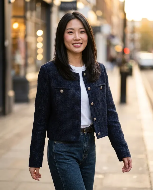Satin Eve styling: Navy Tweed Crew-Neck Jacket