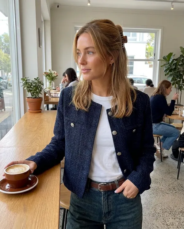 Satin Eve styling: Navy Tweed Crew-Neck Jacket