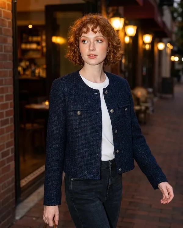 Satin Eve styling: Navy Tweed Crew-Neck Jacket
