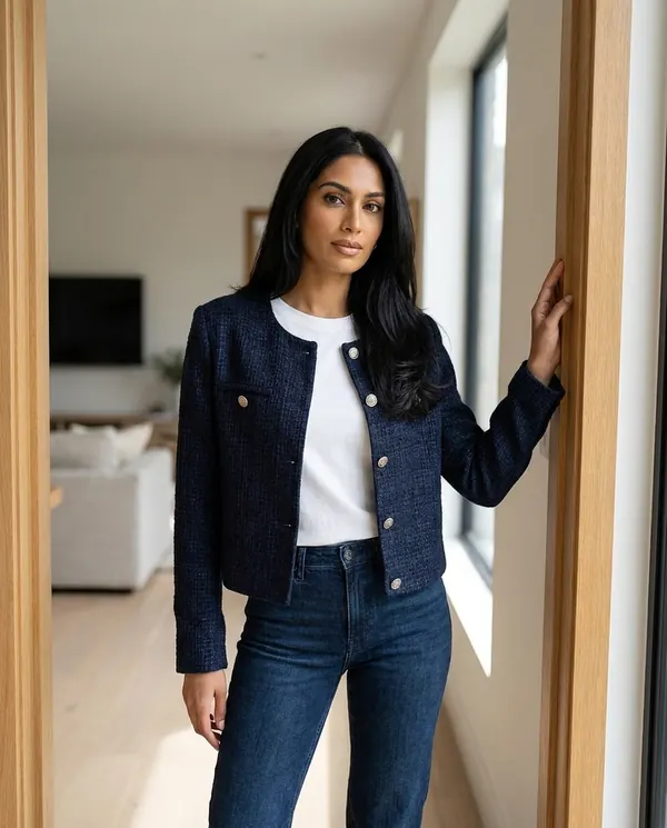 Satin Eve styling: Navy Tweed Crew-Neck Jacket