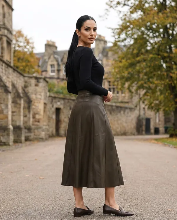 Satin Eve styling: Faux Leather Panelled A-Line Midi Skirt
