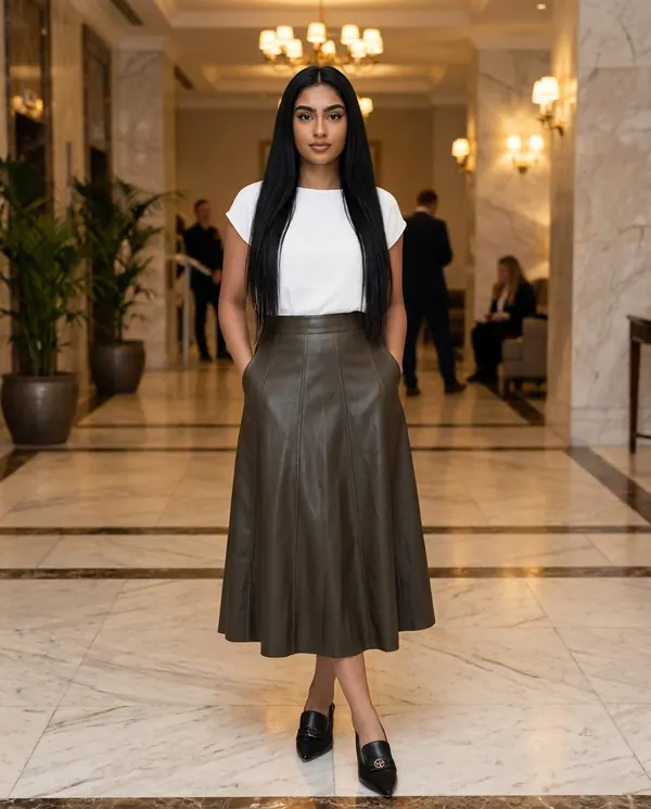 Satin Eve styling: Faux Leather Panelled A-Line Midi Skirt