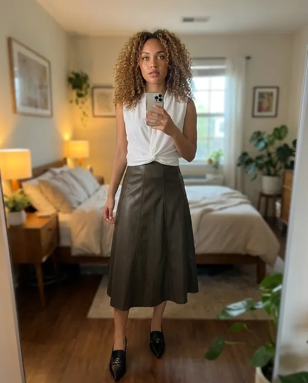 Satin Eve styling: Faux Leather Panelled A-Line Midi Skirt
