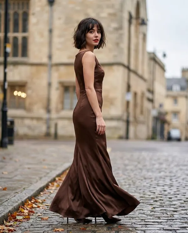 Satin Eve styling: Satin Boat-Neck Fishtail Maxi Dress