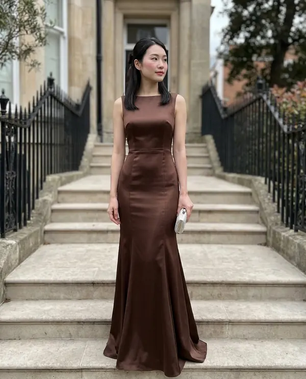 Satin Eve styling: Satin Boat-Neck Fishtail Maxi Dress