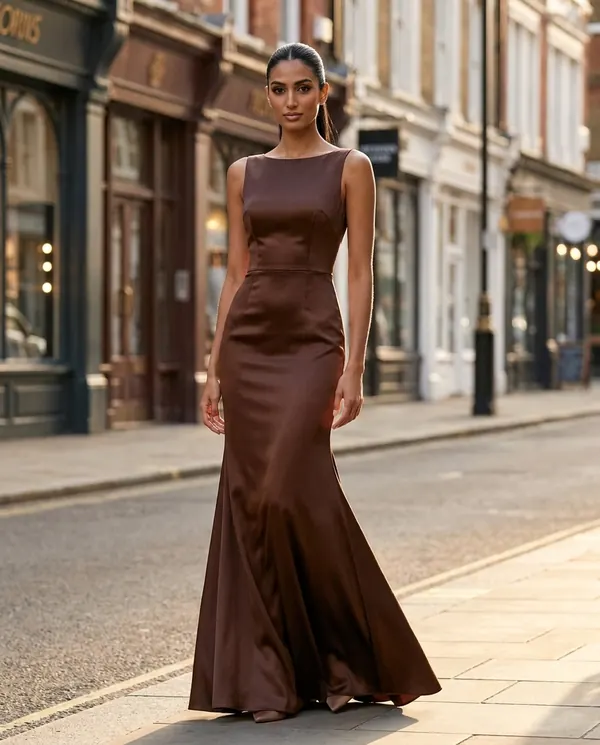 Satin Eve styling: Satin Boat-Neck Fishtail Maxi Dress