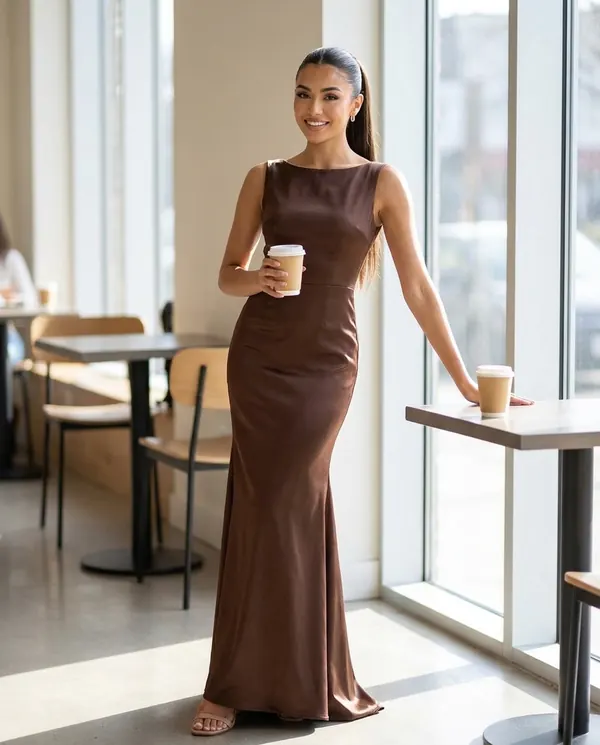 Satin Eve styling: Satin Boat-Neck Fishtail Maxi Dress