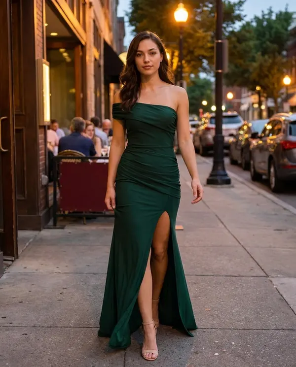 Satin Eve styling: Draped Bardot Mermaid Maxi Dress