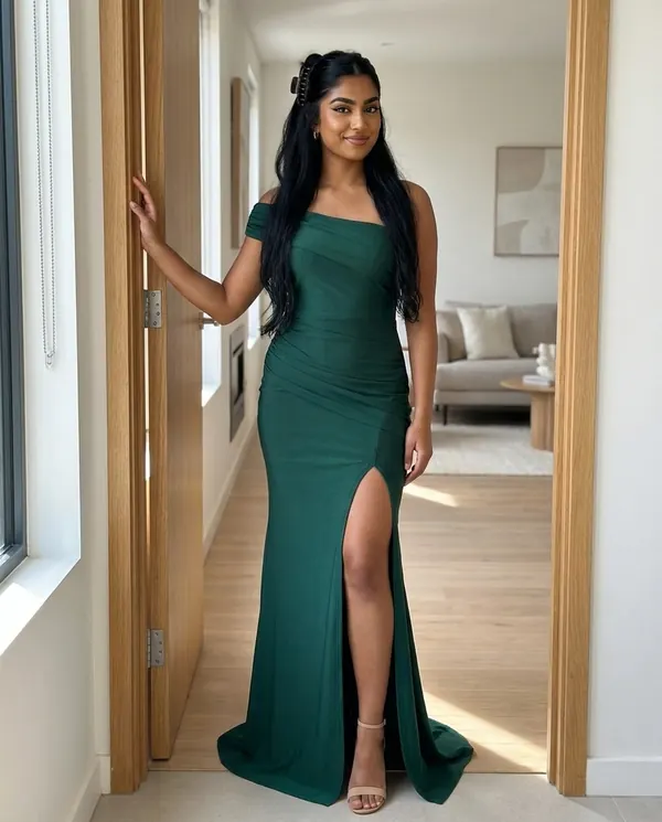 Satin Eve styling: Draped Bardot Mermaid Maxi Dress