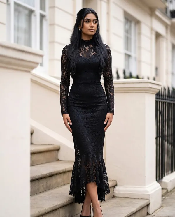 Satin Eve styling: Lace Long-Sleeve Fishtail Midi Dress
