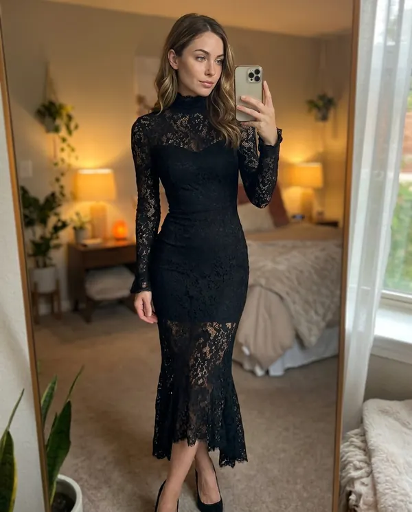 Satin Eve styling: Lace Long-Sleeve Fishtail Midi Dress