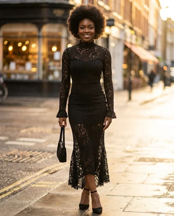 Satin Eve styling: Lace Long-Sleeve Fishtail Midi Dress