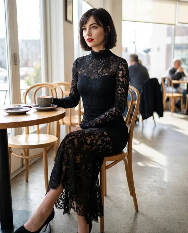 Satin Eve styling: Lace Long-Sleeve Fishtail Midi Dress