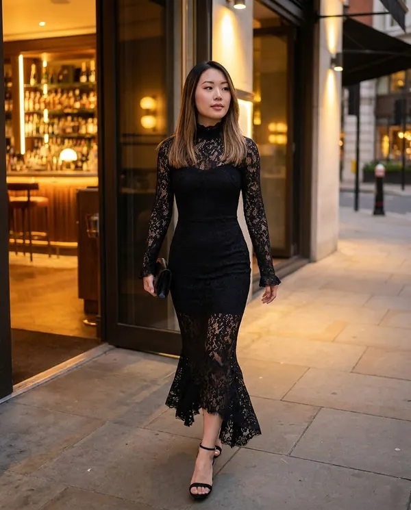 Satin Eve styling: Lace Long-Sleeve Fishtail Midi Dress