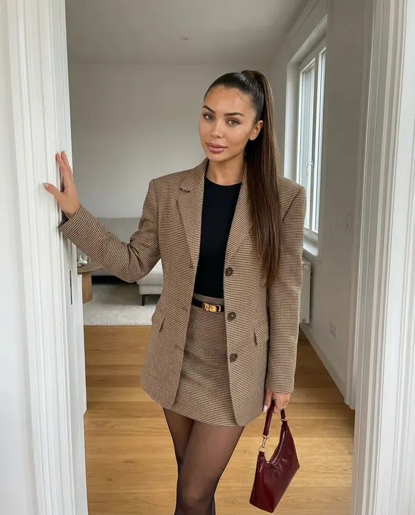 Satin Eve styling: Houndstooth Blazer and Mini Skirt Set