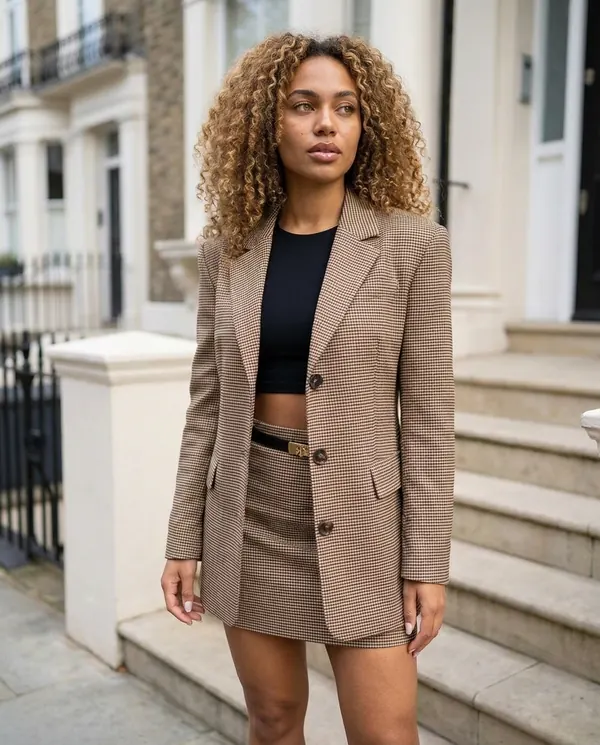 Satin Eve styling: Houndstooth Blazer and Mini Skirt Set