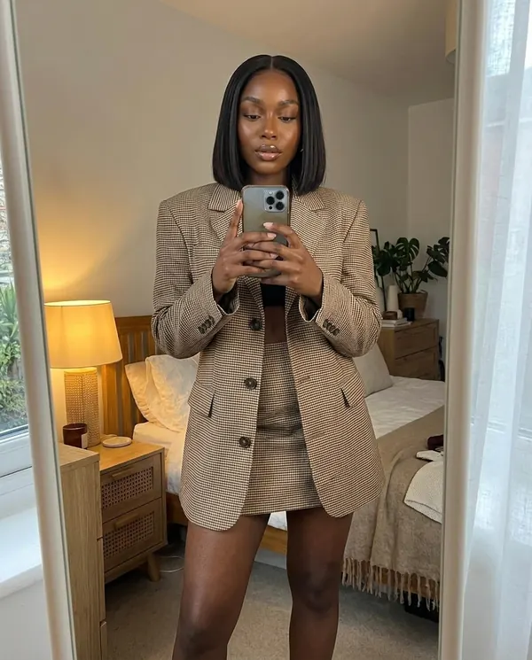 Satin Eve styling: Houndstooth Blazer and Mini Skirt Set