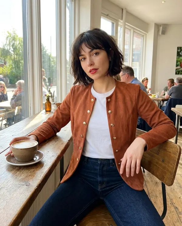Satin Eve styling: Round-Neck Double-Breasted Jacket