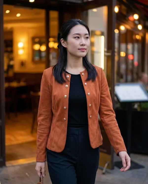 Satin Eve styling: Round-Neck Double-Breasted Jacket