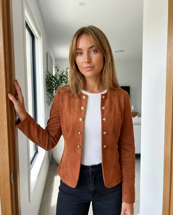 Satin Eve styling: Round-Neck Double-Breasted Jacket